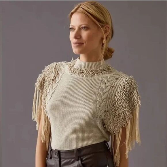 Anthropologie Tops - Anthropologie Fringe Sleeved Ivory Knit Blouse Top size Small